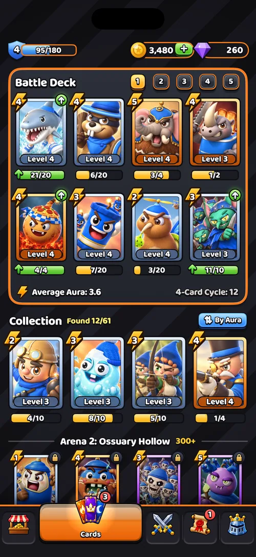 The battle deck editor with 5 deck slots and the card collection