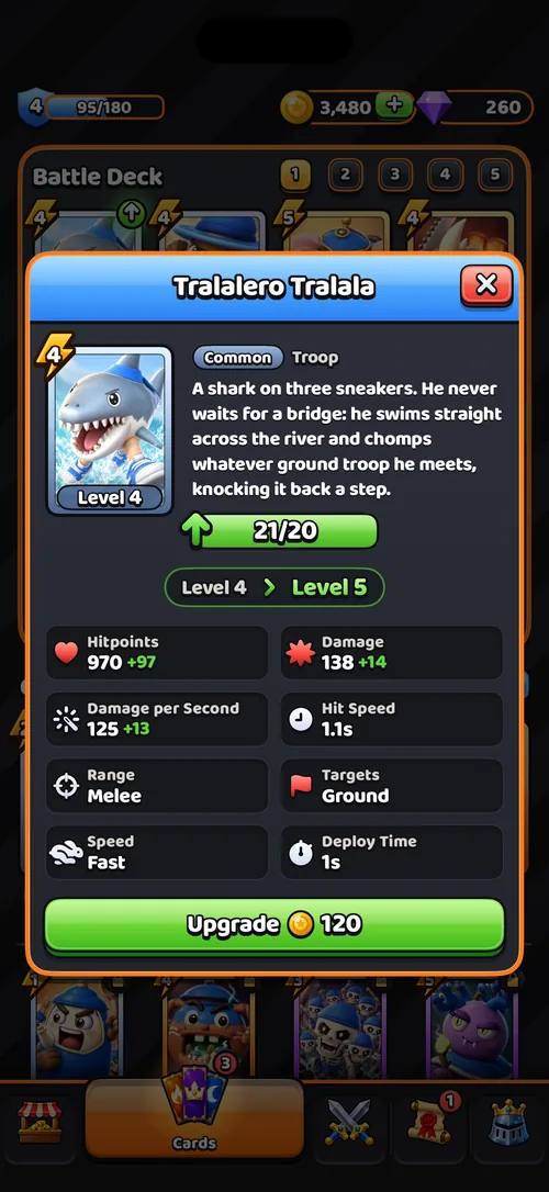 Tralalero Tralala card details with stats and the upgrade button